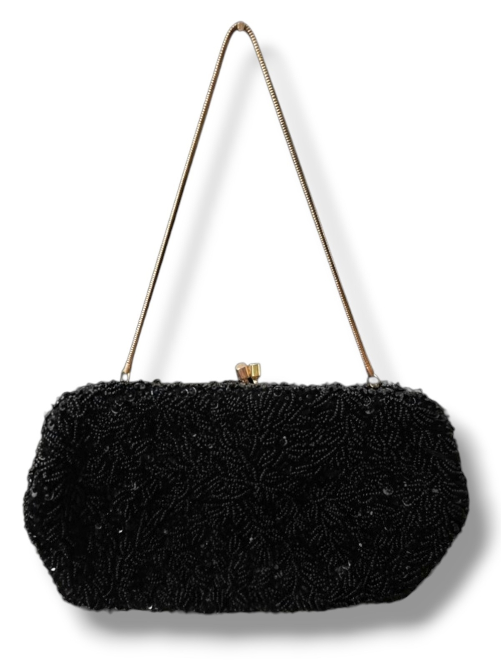 VTG La Regale Ltd Black Beaded Clutch Evening Bag Made in Hong Kong Chain Strap